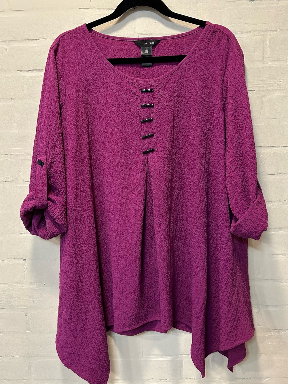Ali Miles Purple Textured Sharkbite Tunic Top Roll-Tab Sleeves Lagenlook Size 1X